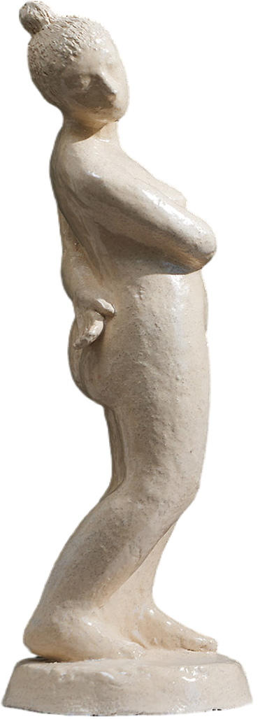 Figura femminile in ceramica e vasi a righe in ceramica su fondo scuro